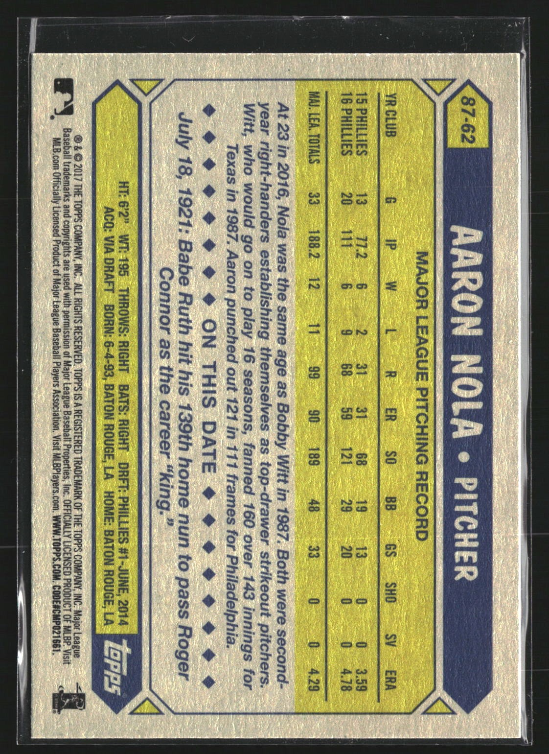 Aaron Nola 2017 Topps 87-62 1987 Baseball 30th Anniversary Philadelphia Phillies