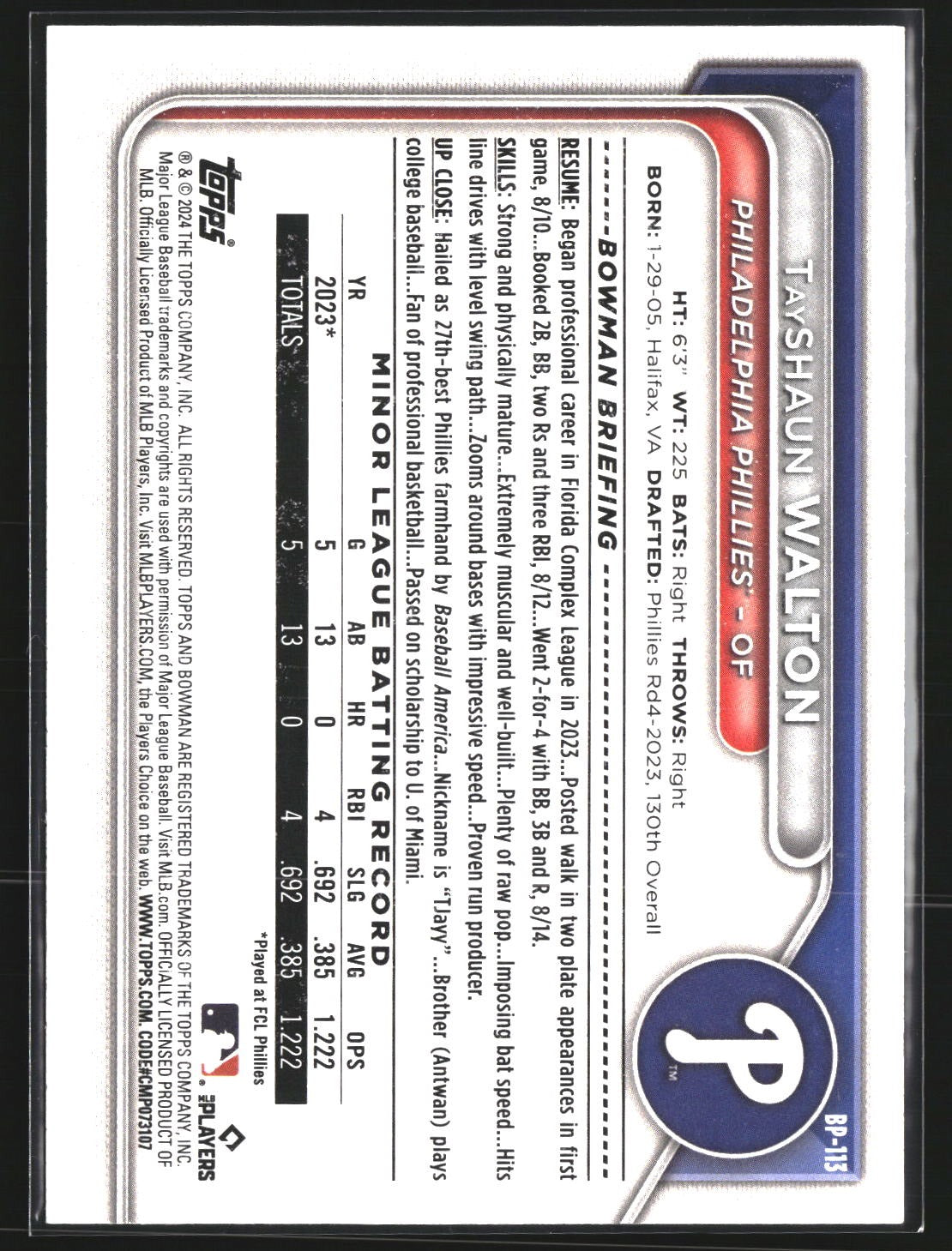 TayShaun Walton 2024 Bowman BP-113 Prospects Philadelphia Phillies