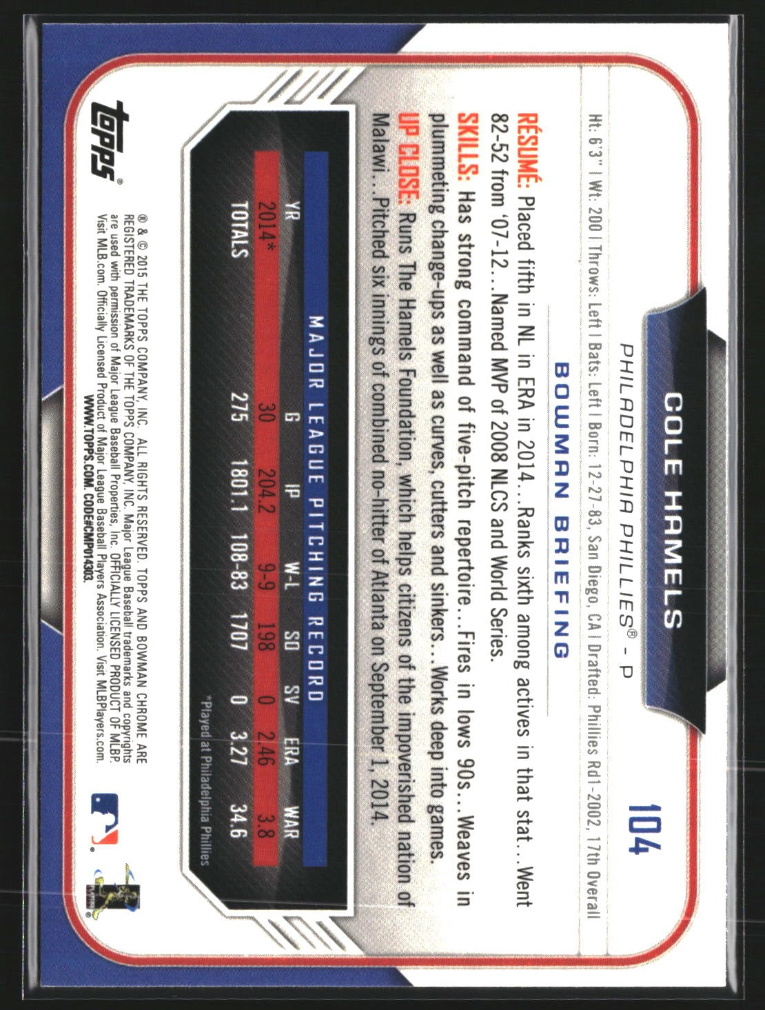 Cole Hamels 2015 Bowman Chrome 104 Philadelphia Phillies