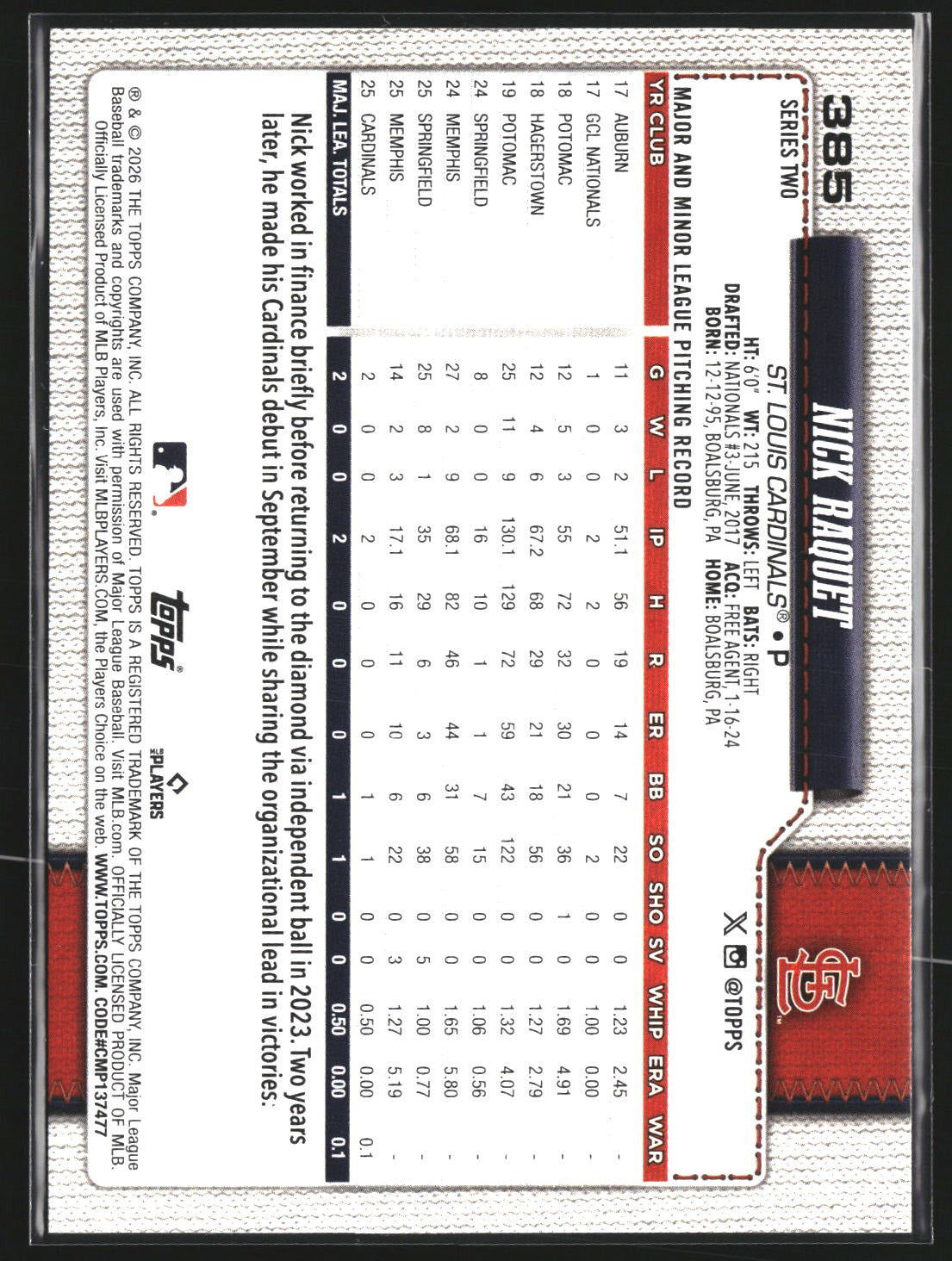 Nick Raquet 2026 Topps 385 RC RC St. Louis Cardinals