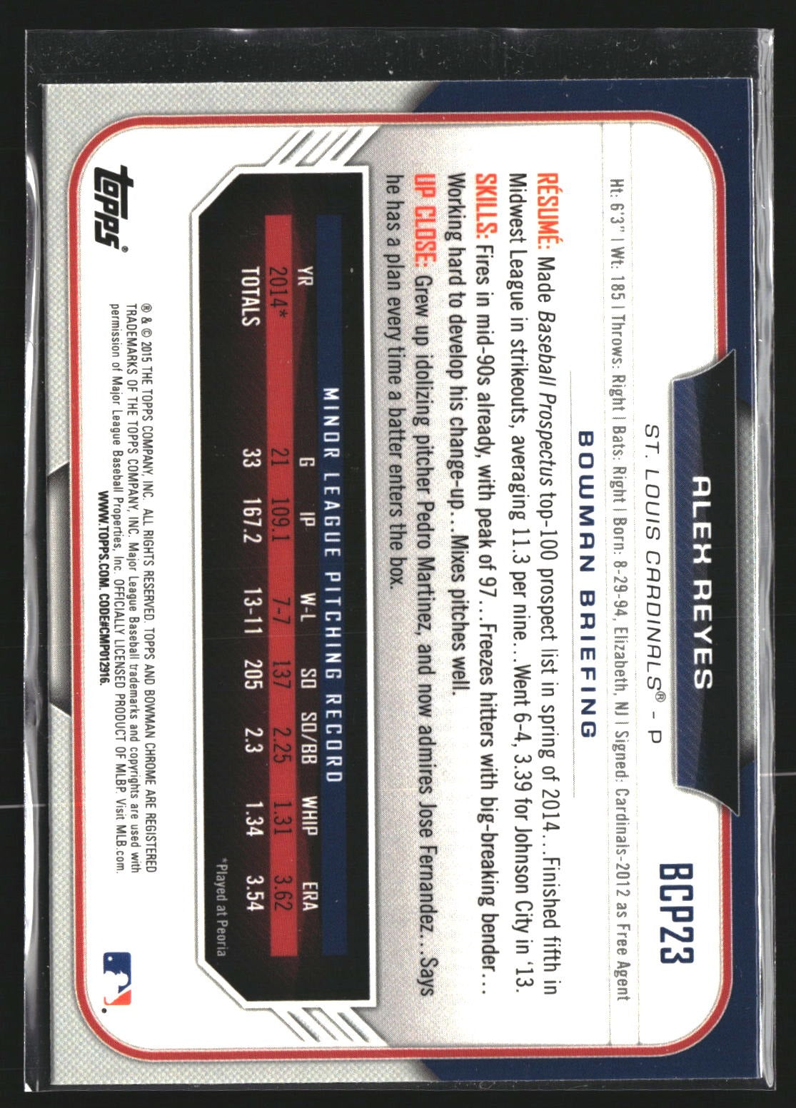 Alex Reyes 2015 Bowman BCP23 Chrome Prospects St. Louis Cardinals