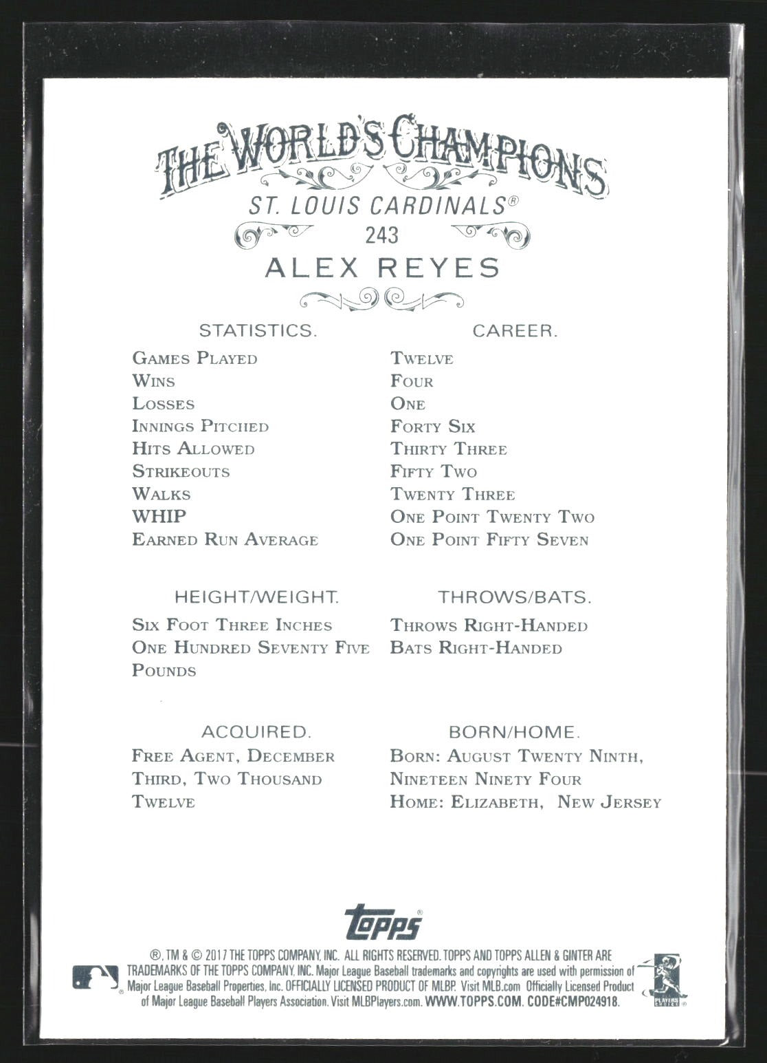 Alex Reyes 2017 Topps Allen & Ginter 243 RC RC St. Louis Cardinals