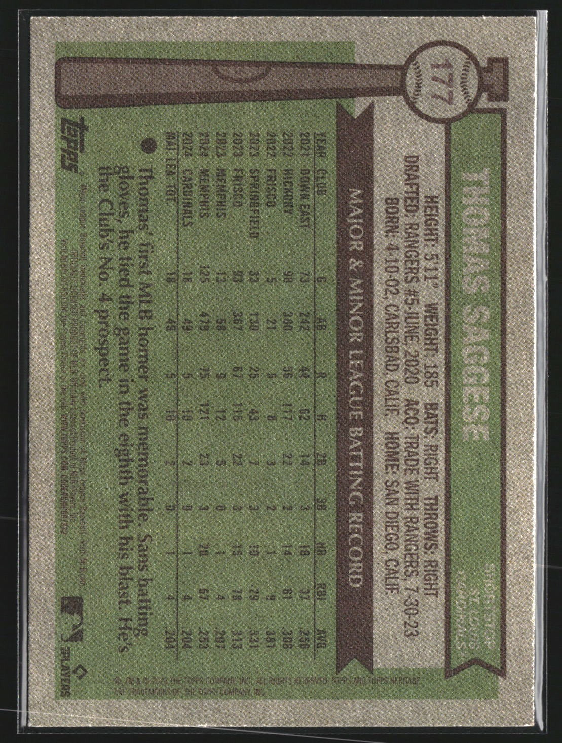 Thomas Saggese 2025 Topps Heritage 177 RC RC St. Louis Cardinals