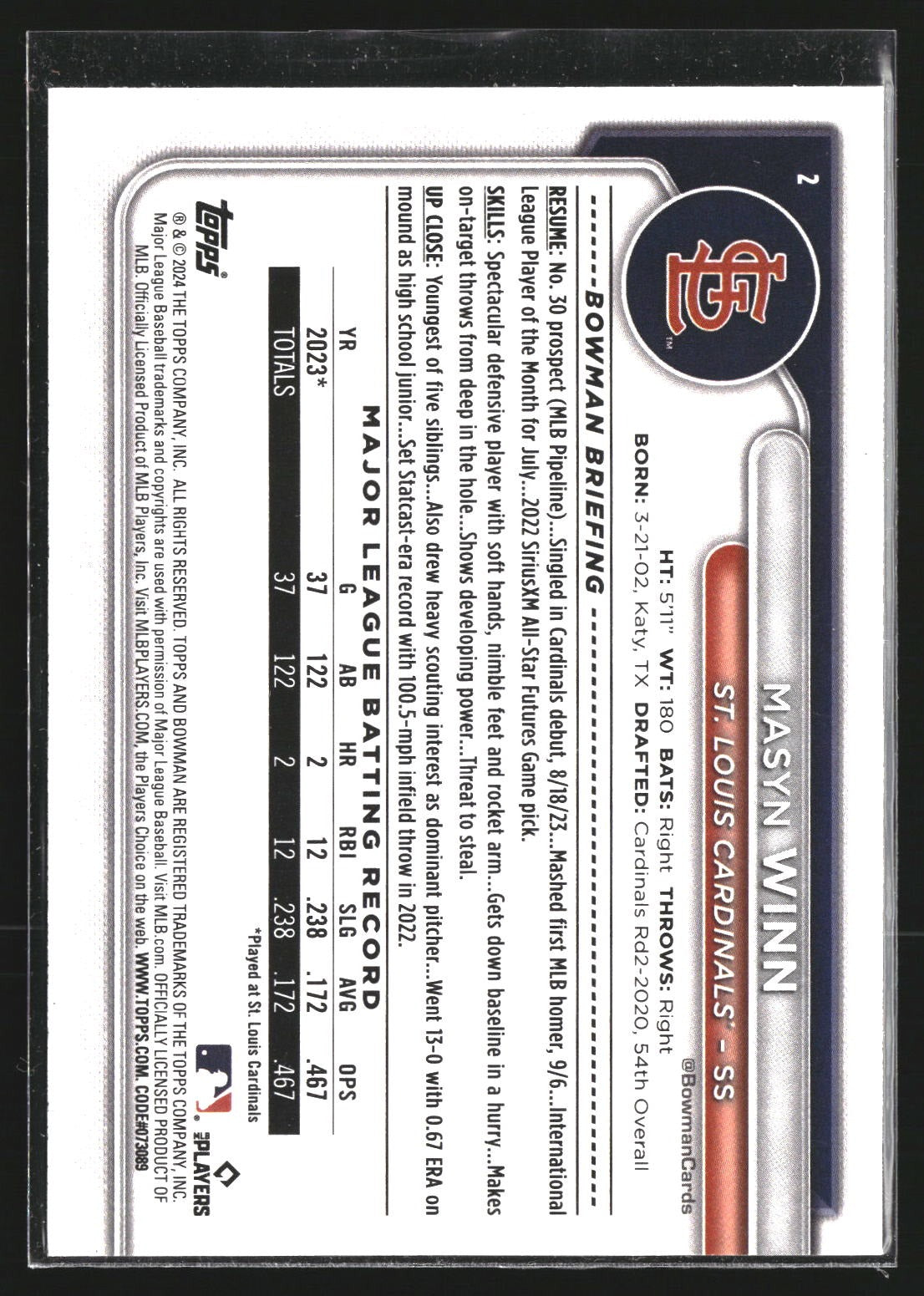 Masyn Winn 2024 Bowman 2 RC RC St. Louis Cardinals