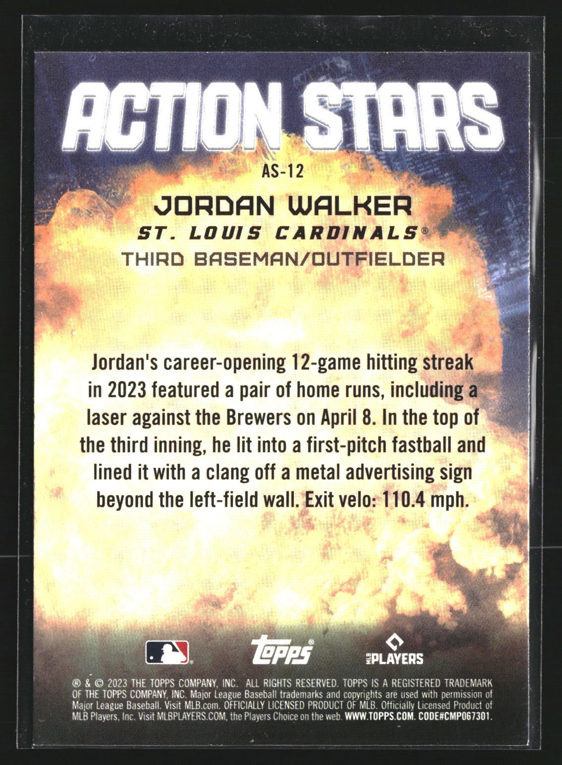 Jordan Walker 2023 Topps Update AS-12 Action Stars St. Louis Cardinals