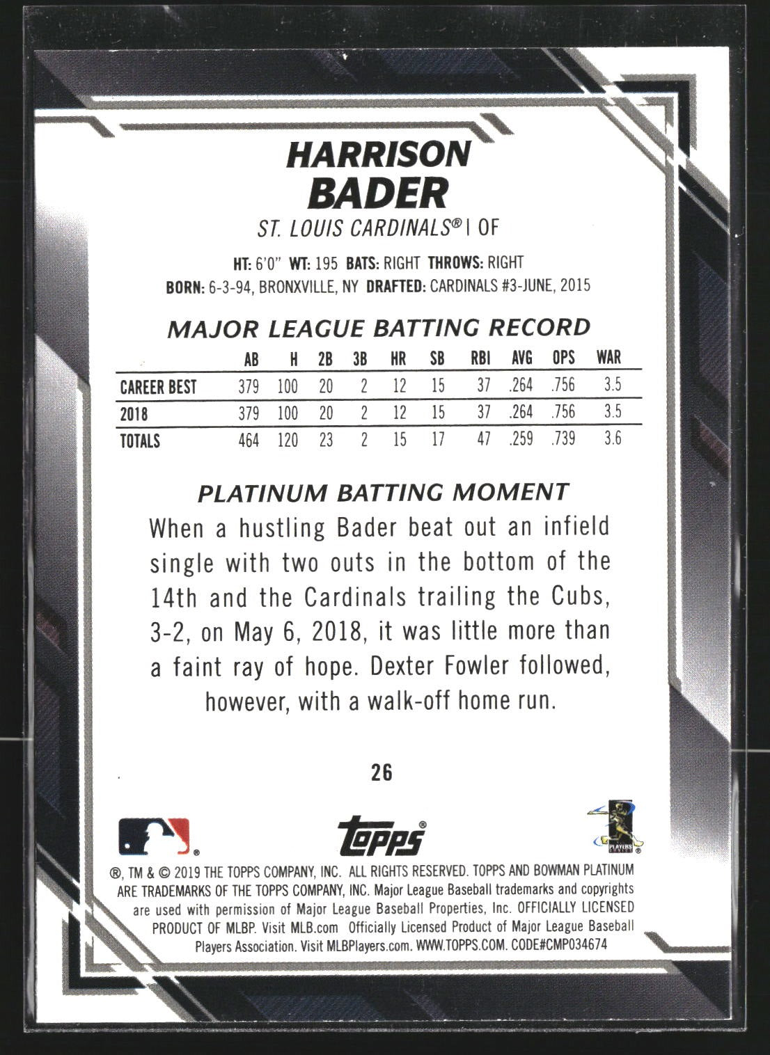 Harrison Bader 2019 Bowman Platinum 26 Ice St. Louis Cardinals
