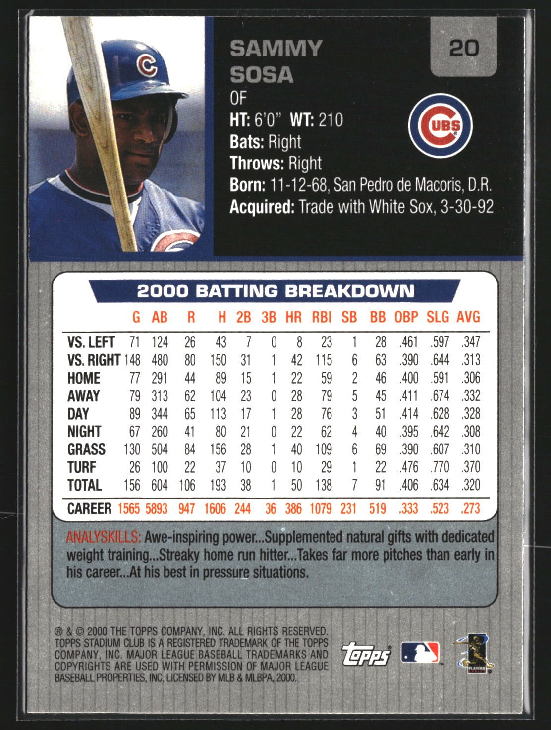 Sammy Sosa 2001 Stadium Club 20 Chicago Cubs