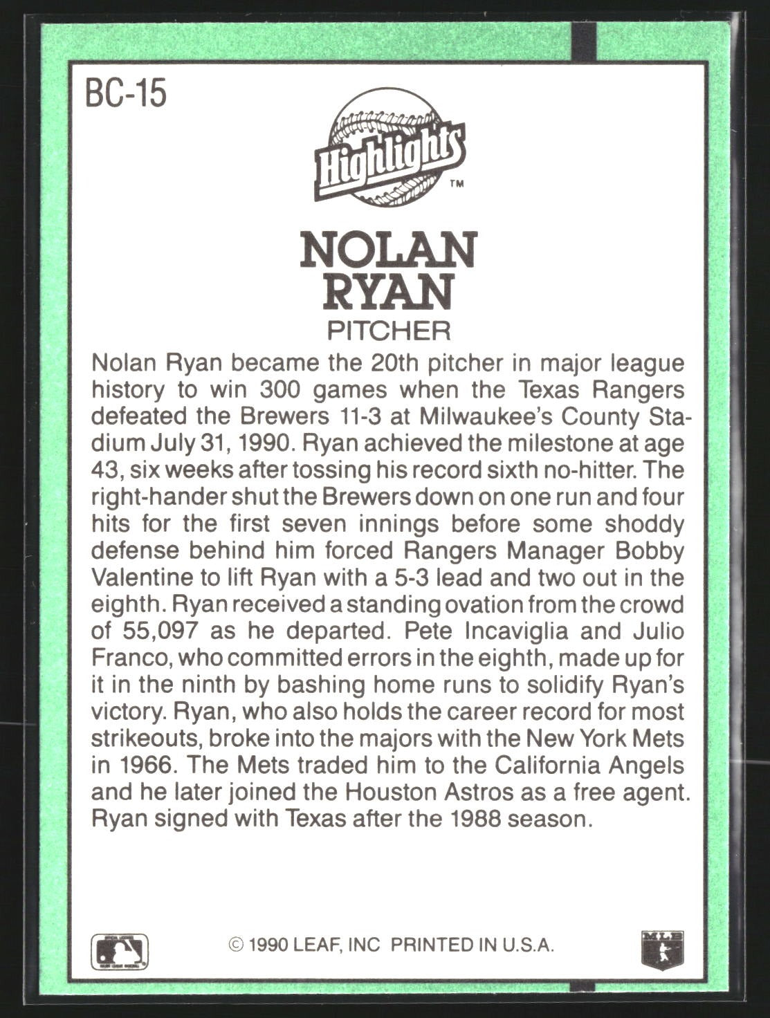 Nolan Ryan 1991 Donruss BC-15 Bonus Cards Texas Rangers