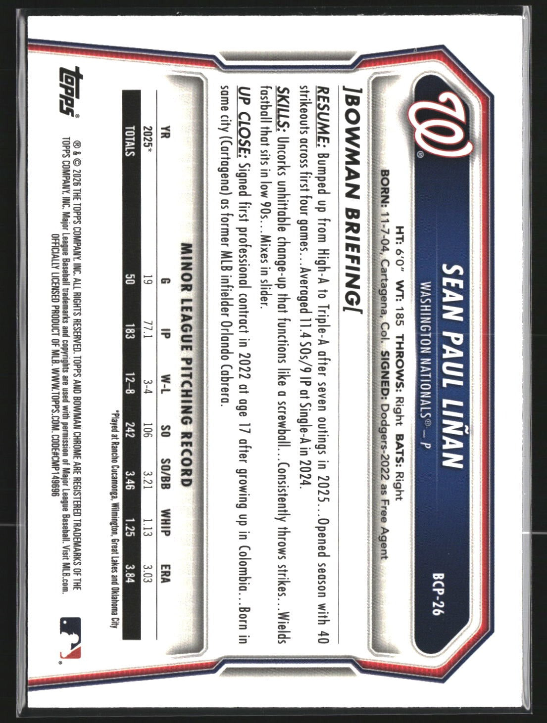 Sean Paul Liñan 2026 Bowman BCP-26 Chrome Prospects Mojo Refractor Nationals