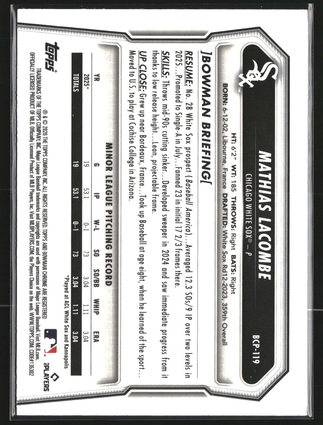 Mathias Lacombe 2026 Bowman BCP-119 Chrome Prospects Lazer Refractor White Sox
