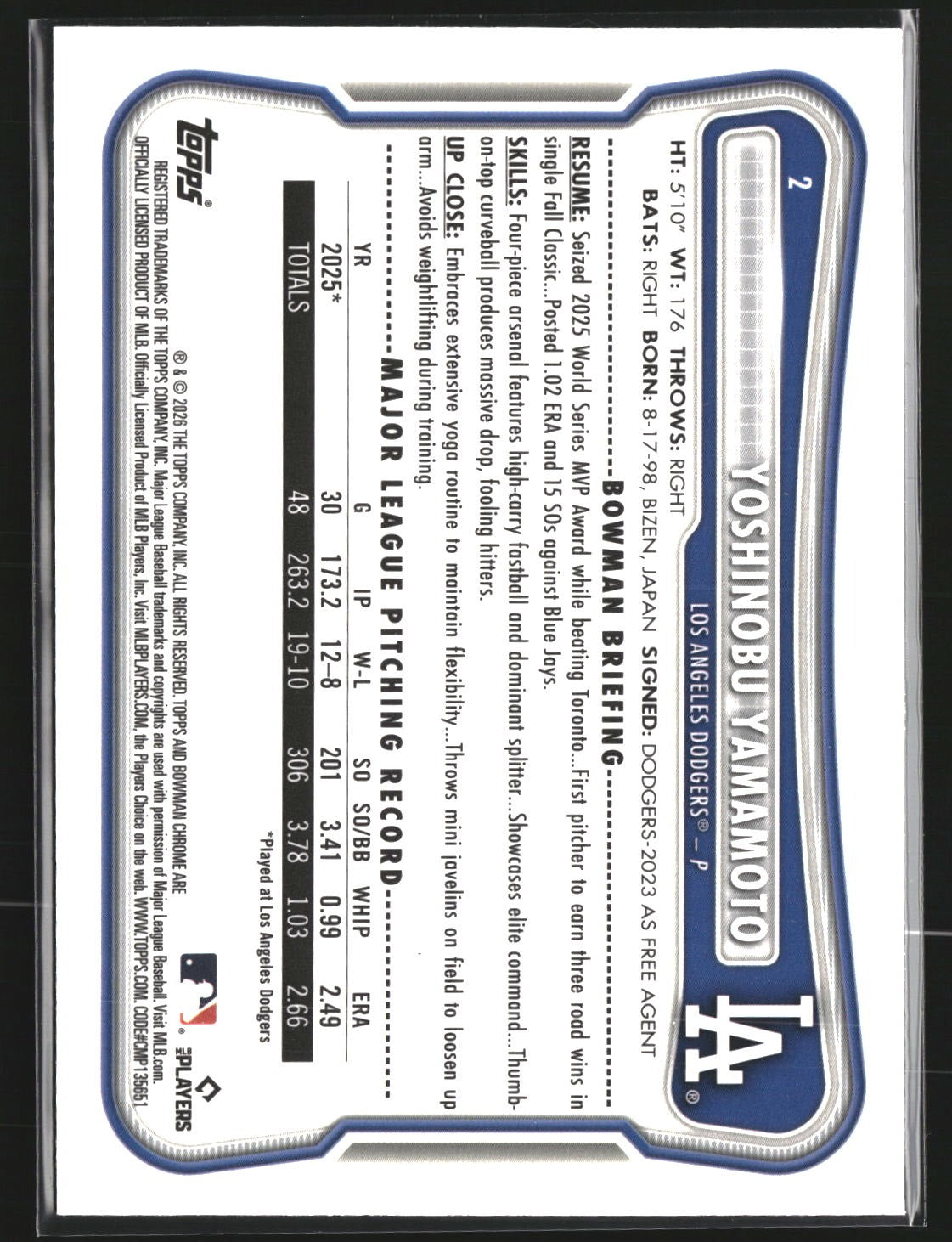 Yoshinobu Yamamoto 2026 Bowman 2 Chrome Mojo Refractor Los Angeles Dodgers