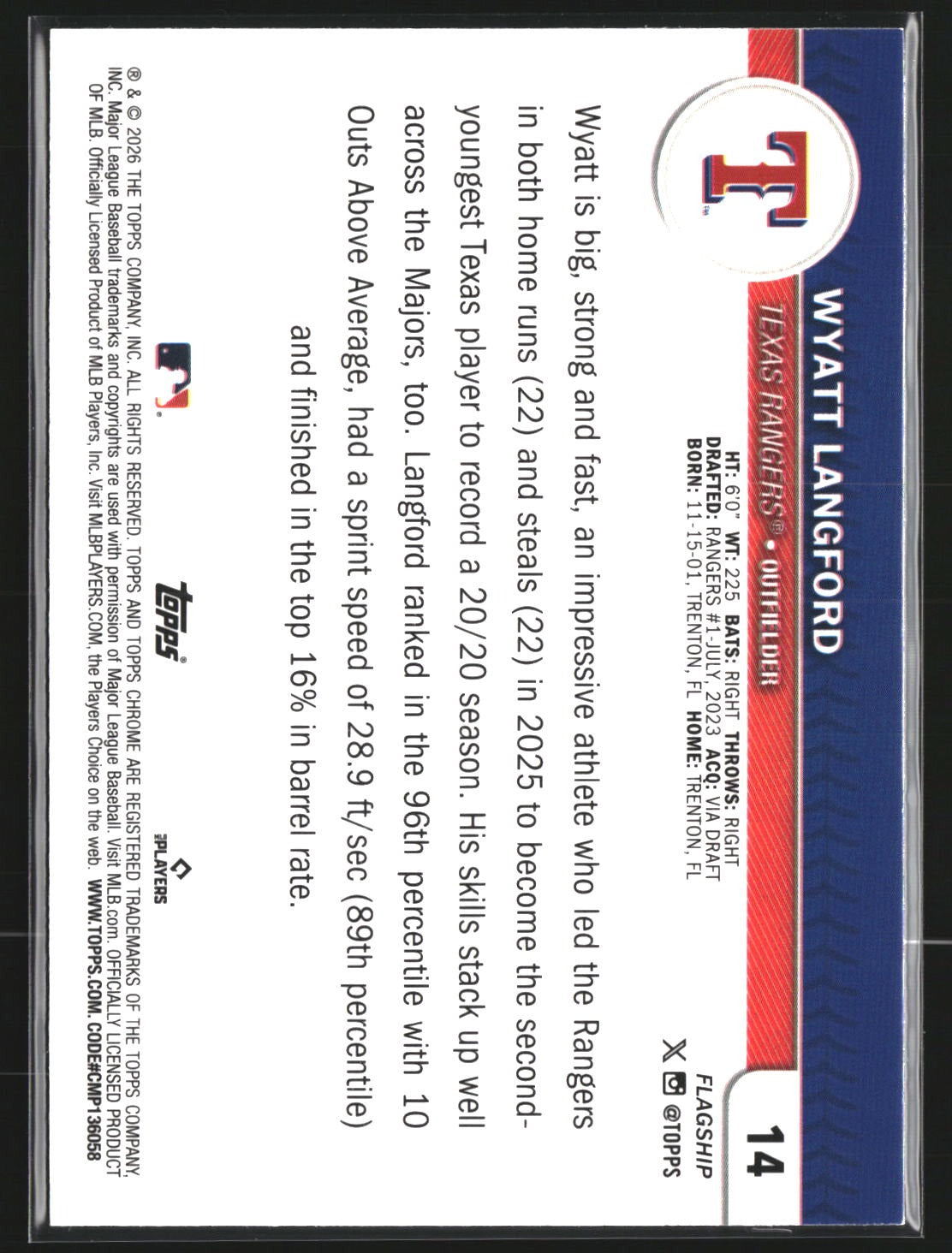 Wyatt Langford 2026 Topps 14 Flagship Collection Chrome Texas Rangers