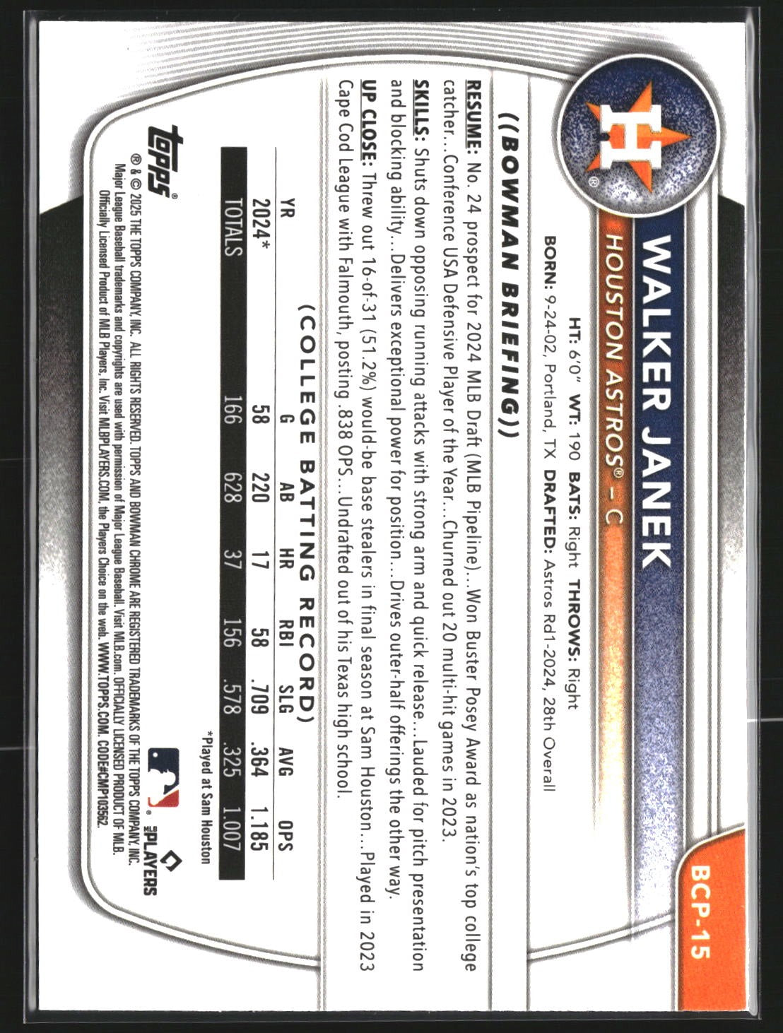 Walker Janek 2025 Bowman BCP-15 Chrome Prospects Mojo Refractor Houston Astros
