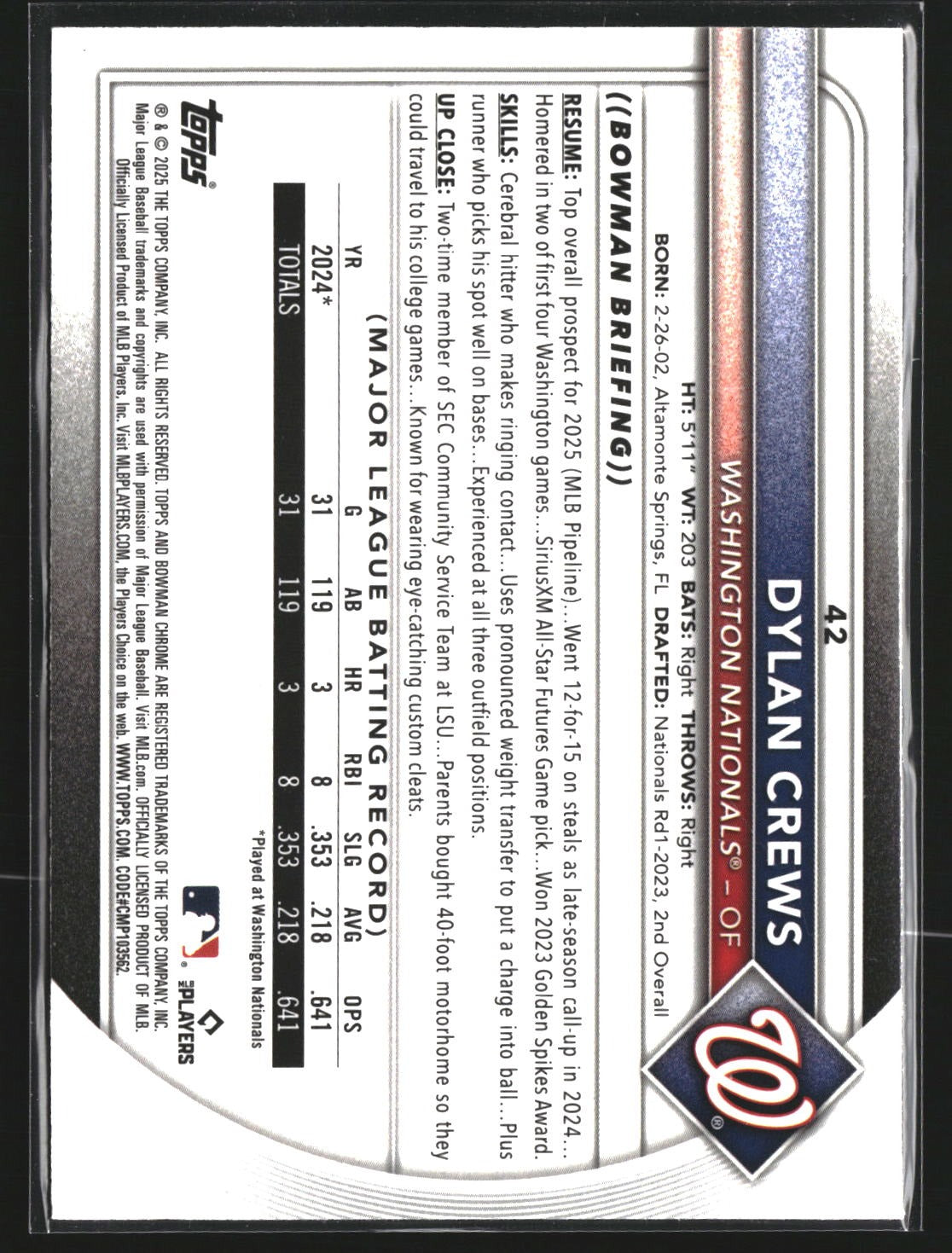 Dylan Crews 2025 Bowman 42b Chrome Mojo Refractor Washington Nationals