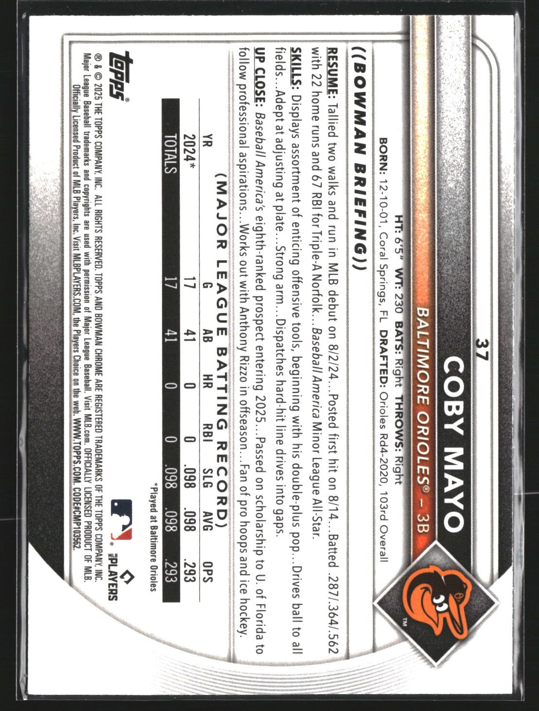 Coby Mayo 2025 Bowman 37 Chrome Mojo Refractor RC RC Baltimore Orioles