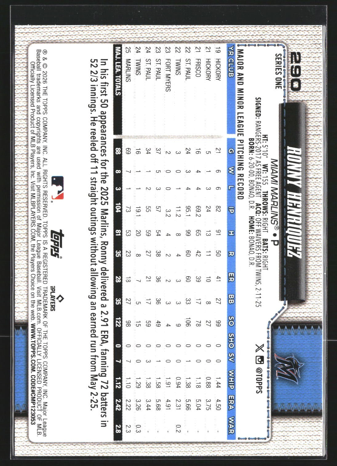 Ronny Henriquez 2026 Topps 290 Spring Training Miami Marlins
