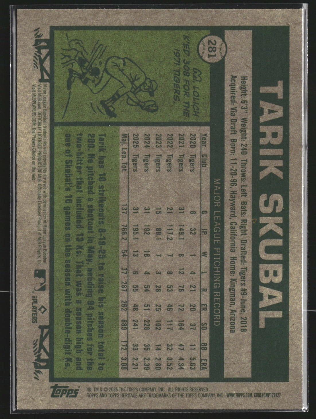 Tarik Skubal 2026 Topps Heritage 281 Chrome Burgundy Sparkle Refractor Tigers