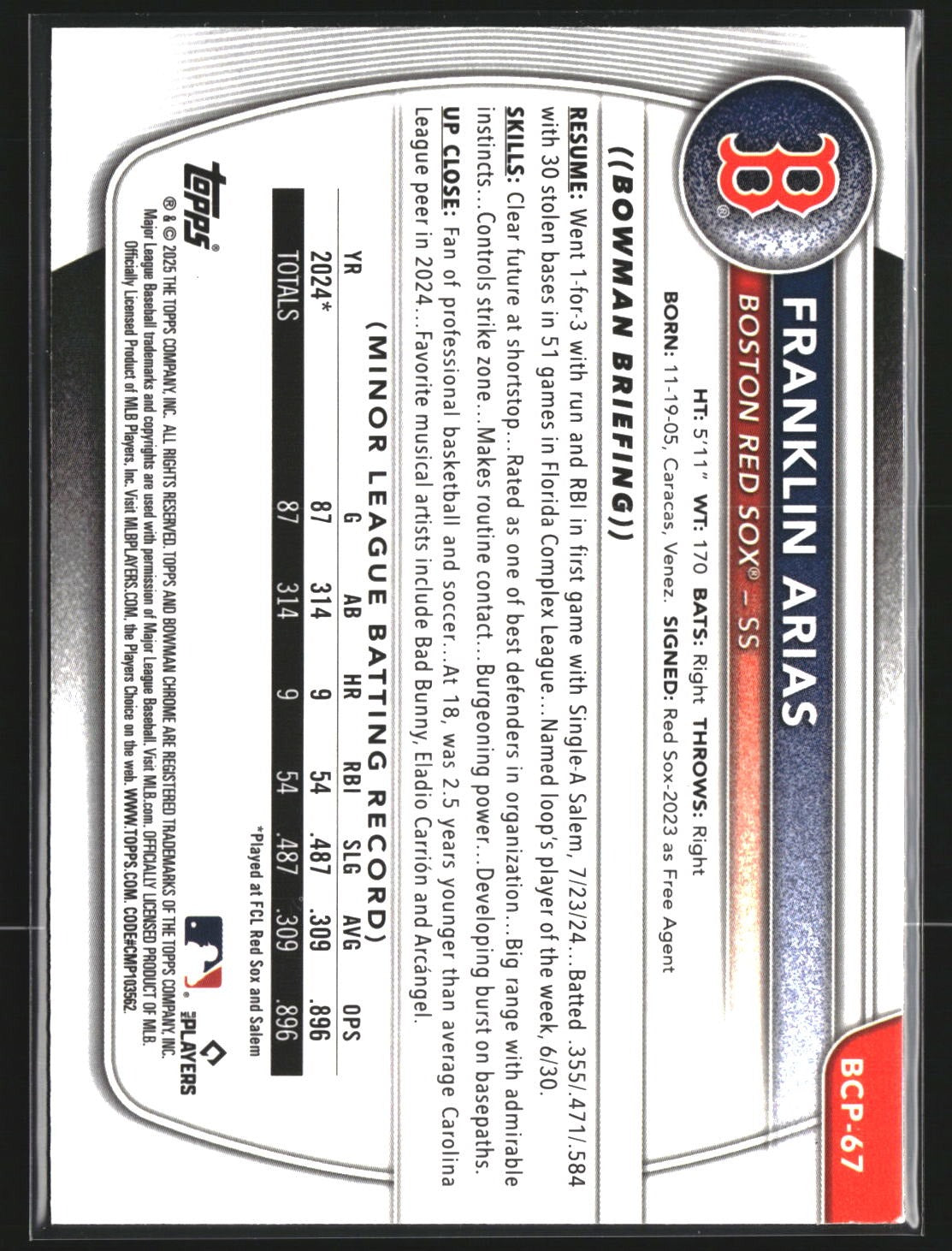 Franklin Arias 2025 Bowman BCP-67 Chrome Prospects Mojo Refractor Boston Red Sox