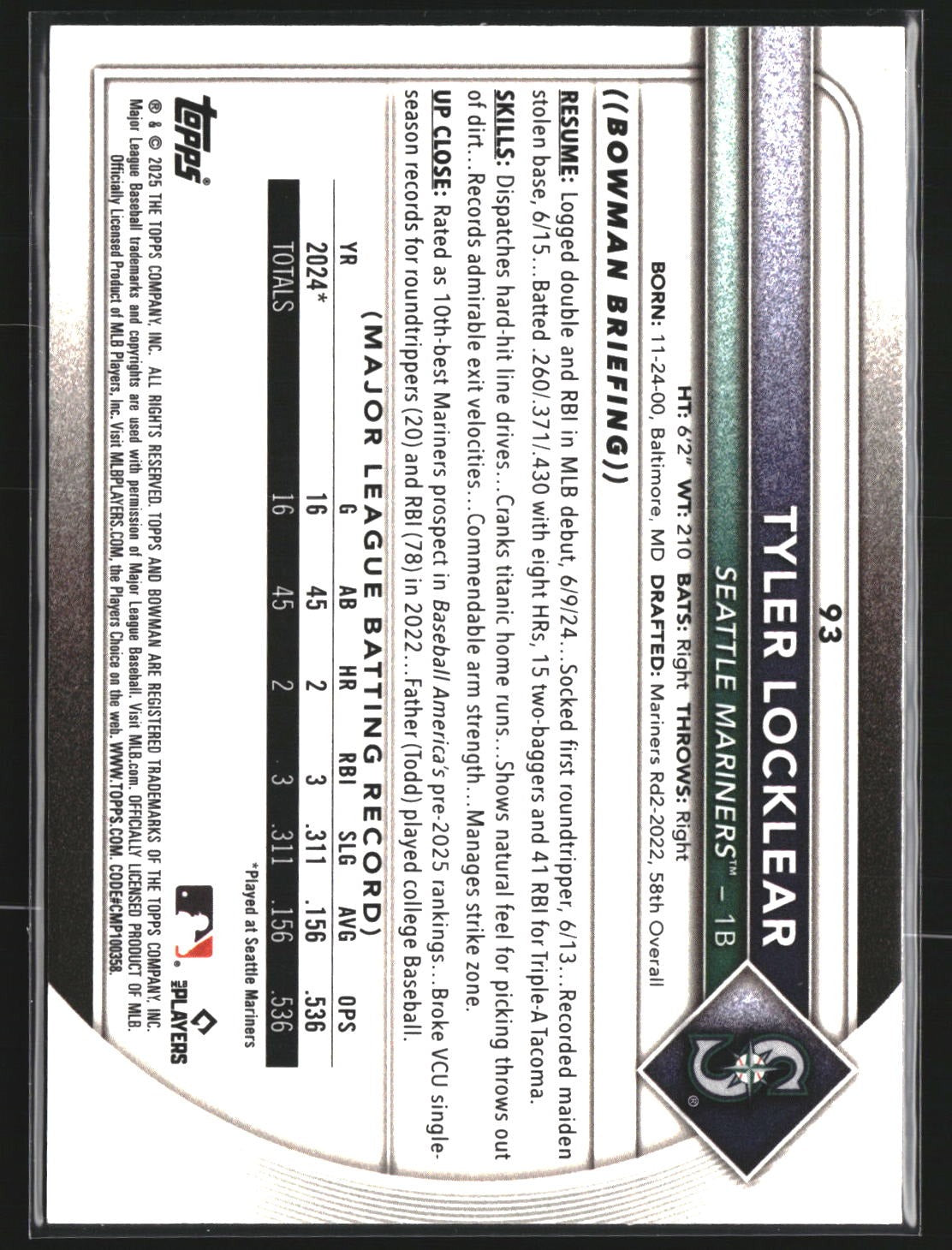 Tyler Locklear 2025 Bowman 93 Bowman Chrome Red Rookie Logo RC Seattle Mariners