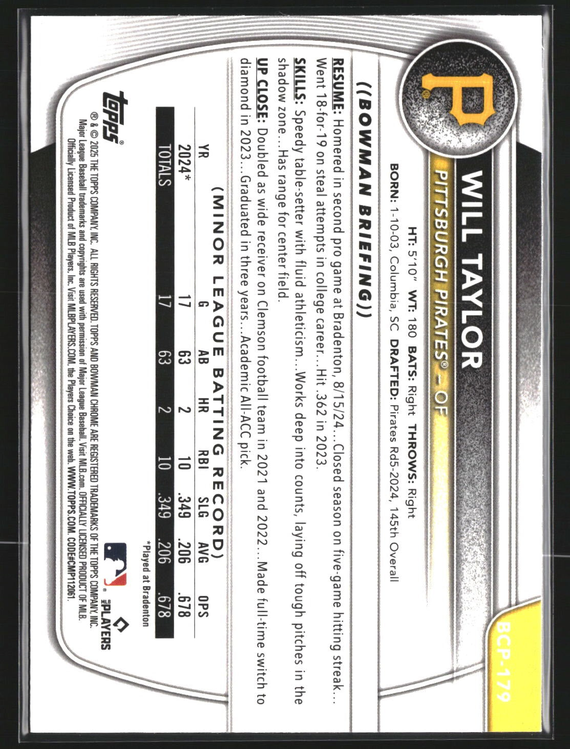 Will Taylor 2025 Bowman Chrome BCP-179 Prospects Pittsburgh Pirates