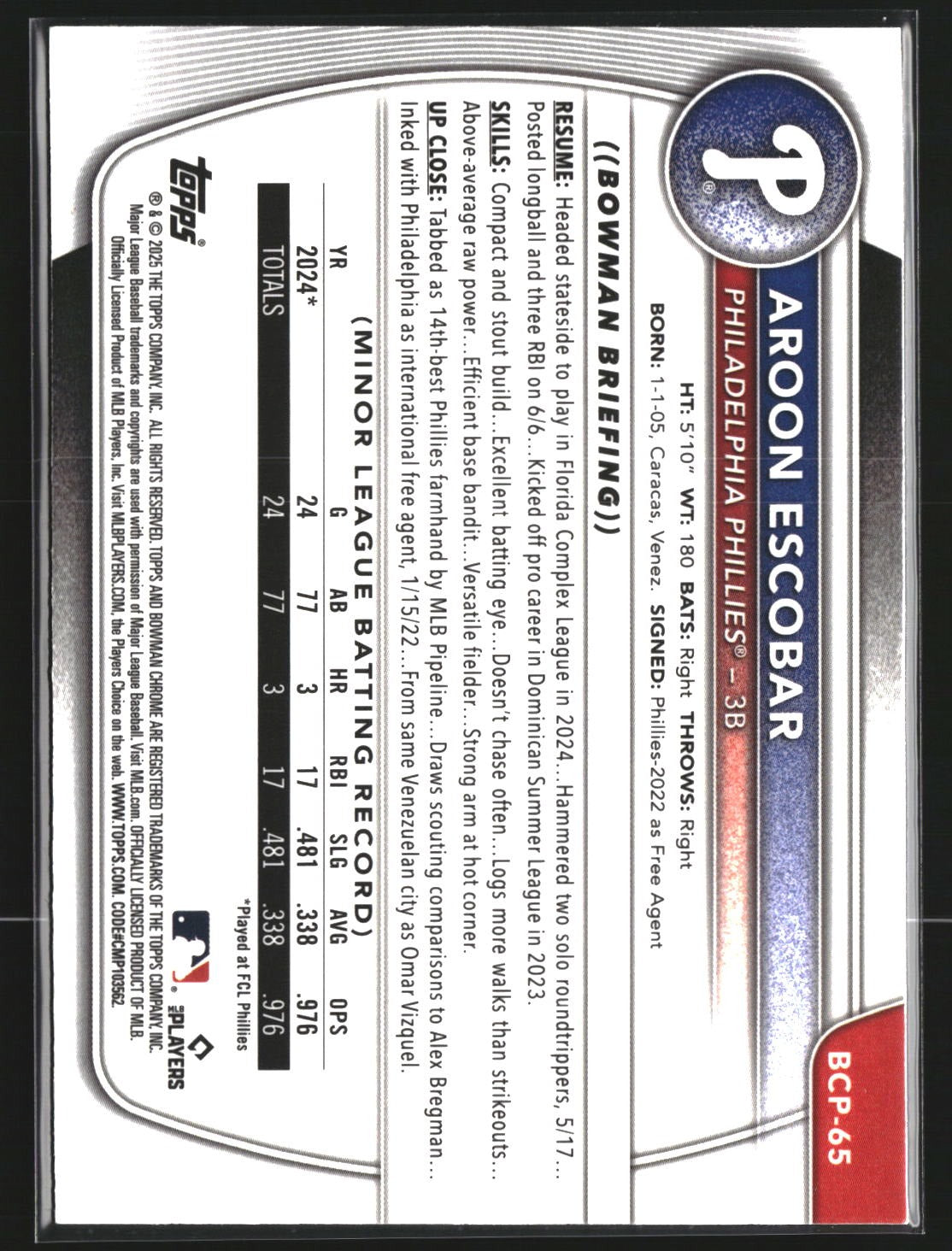 Aroon Escobar 2025 Bowman BCP-65 Chrome Prospects Mojo Refractor Phillies