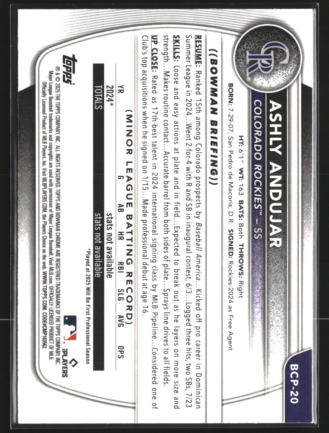 Ashly Andujar 2025 Bowman BCP-20 Chrome Prospect Mojo Refractor Colorado Rockies