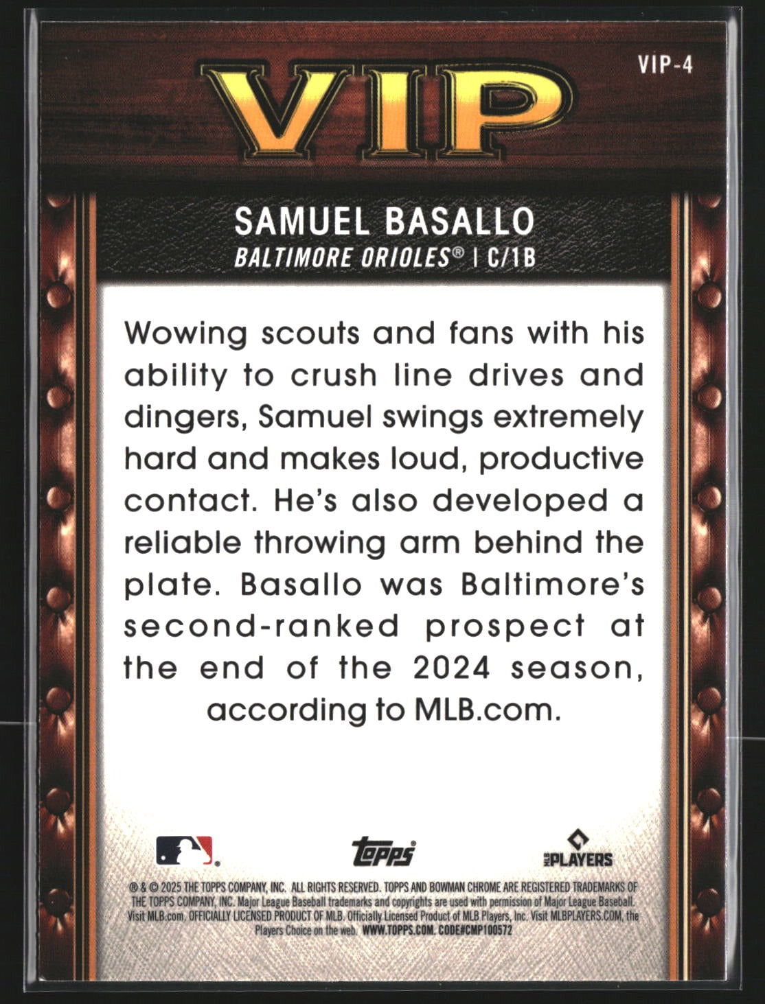 Samuel Basallo 2025 Bowman VIP-4 Very Important Prospects Baltimore Orioles
