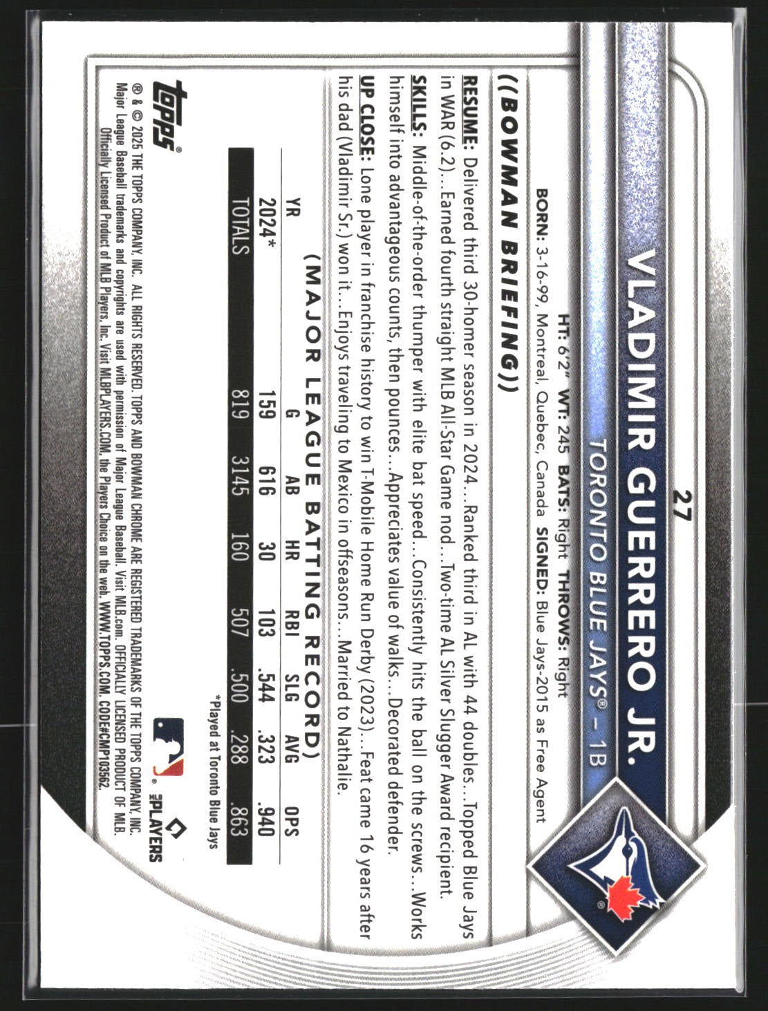 Vladimir Guerrero Jr. 2025 Bowman 27 Mojo Refractor Toronto Blue Jays