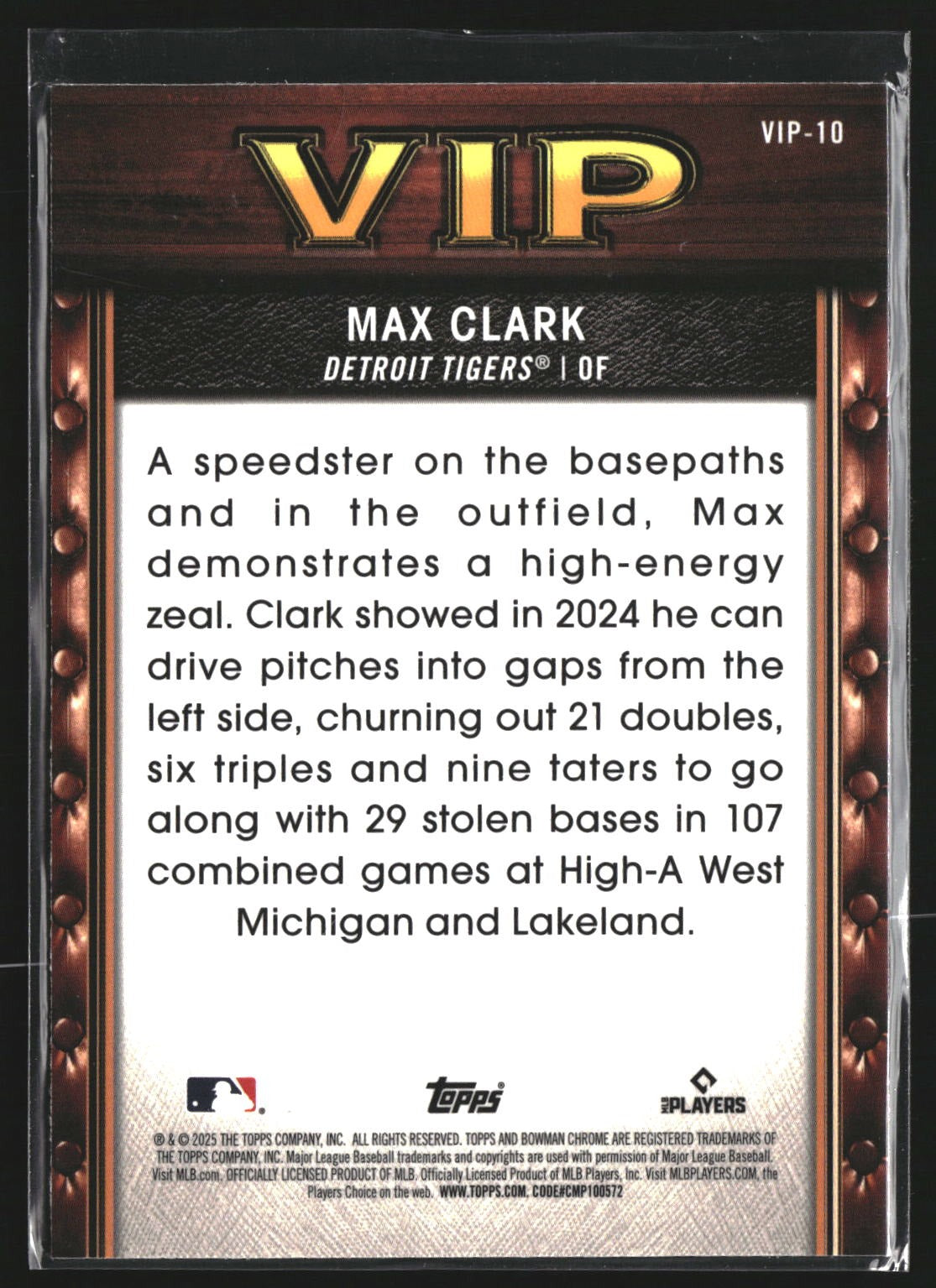 Max Clark 2025 Bowman VIP-10 Very Important Prospects Detroit Tigers