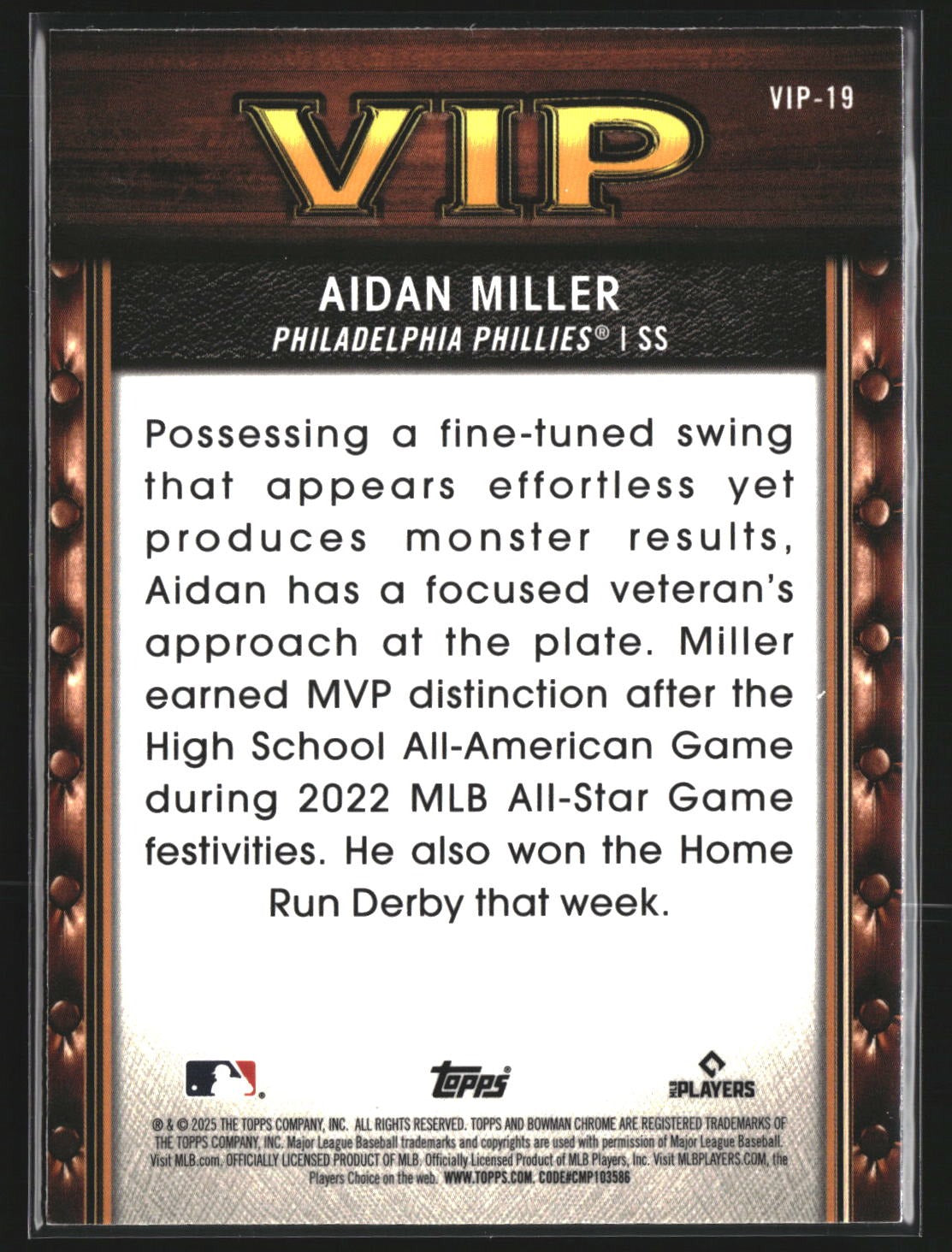 Aidan Miller 2025 Bowman VIP-19 Very Important Prospects Mojo Refractor Phillies