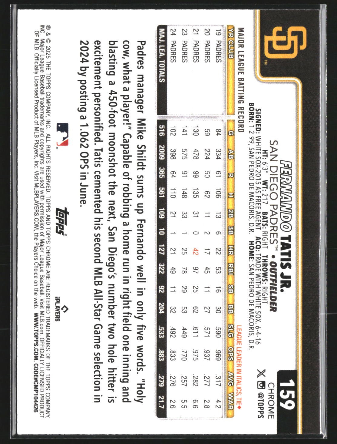 Fernando Tatis Jr. 2025 Topps Chrome 159 RayWave Refractor San Diego Padres
