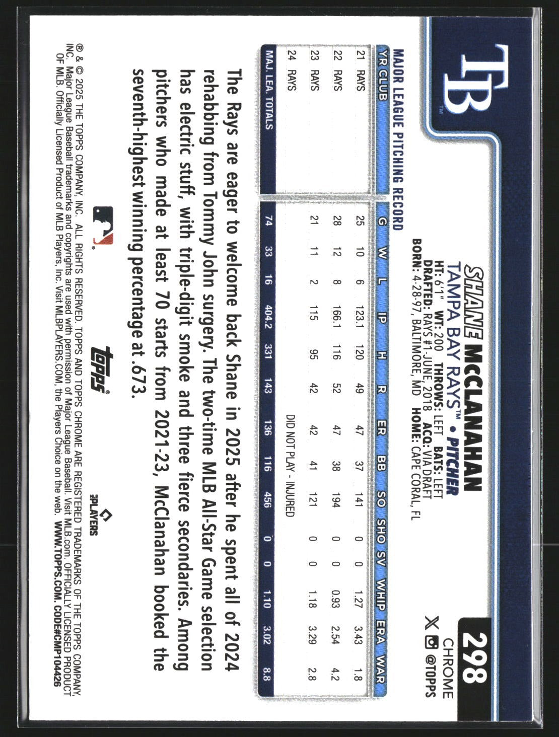 Shane McClanahan 2025 Topps Chrome 298 X-Fractors Tampa Bay Rays