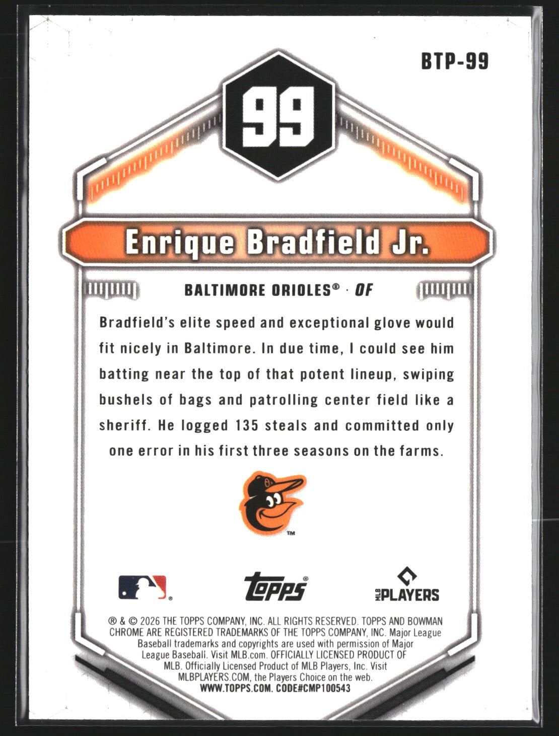 Enrique Bradfield Jr. 2026 Bowman BTP-99 Bowman Scouts Top 100 Baltimore Orioles