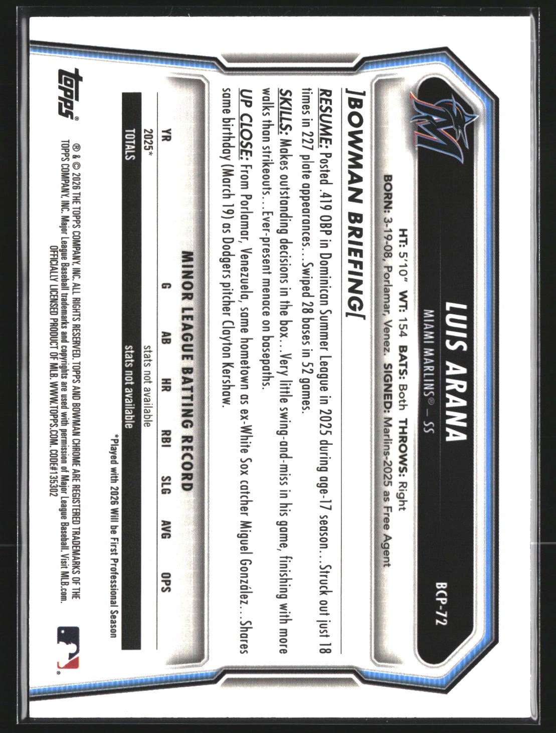 Luis Arana 2026 Bowman BCP-72 Chrome Prospects Lazer Refractor Miami Marlins