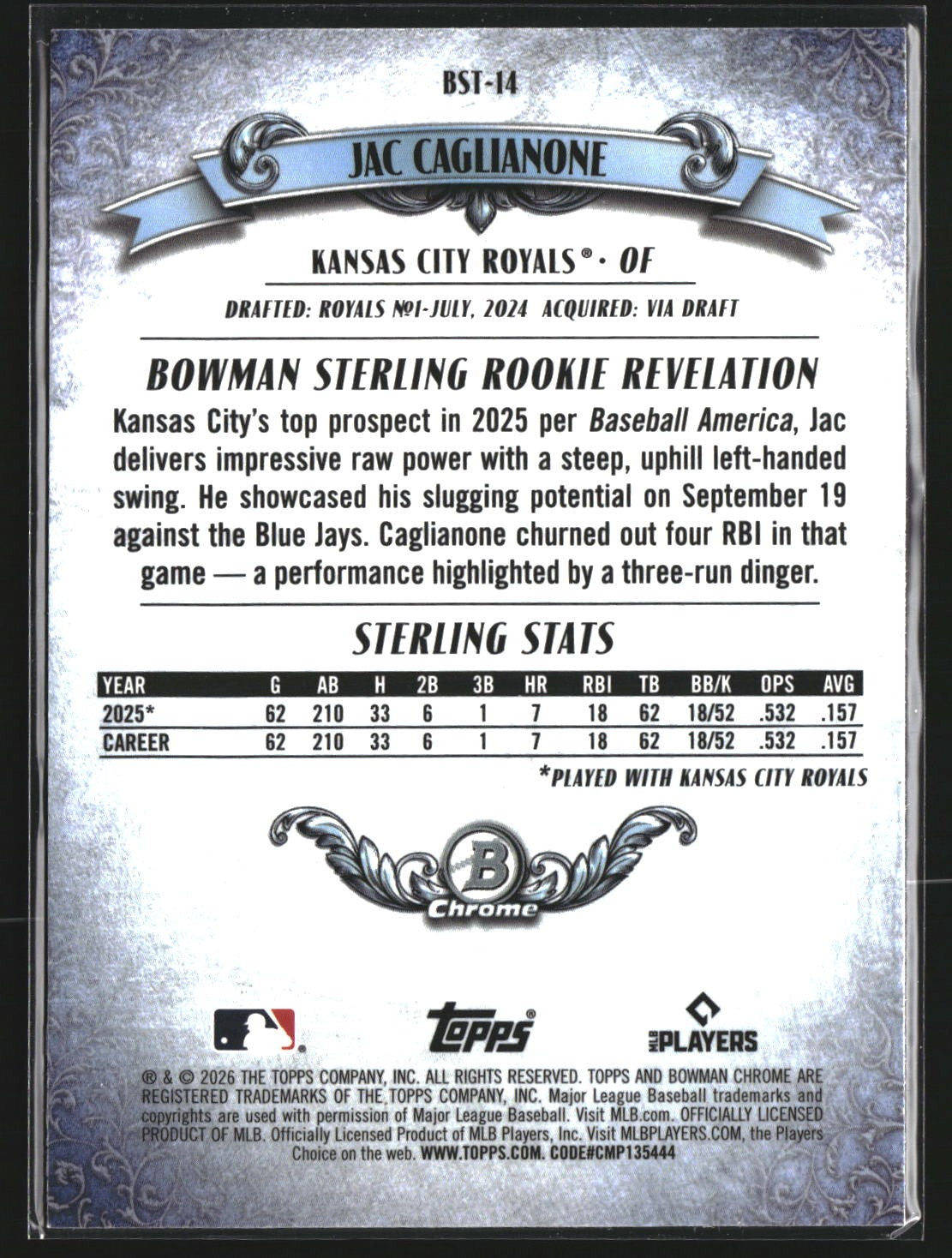 Jac Caglianone 2026 Bowman BST-14 Bowman Sterling Kansas City Royals