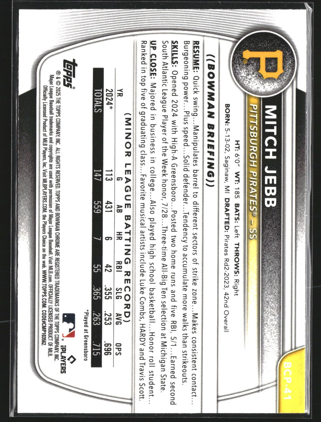 Mitch Jebb 2025 Bowman BCP-41 Chrome Prospects Mojo Refractor Pittsburgh Pirates