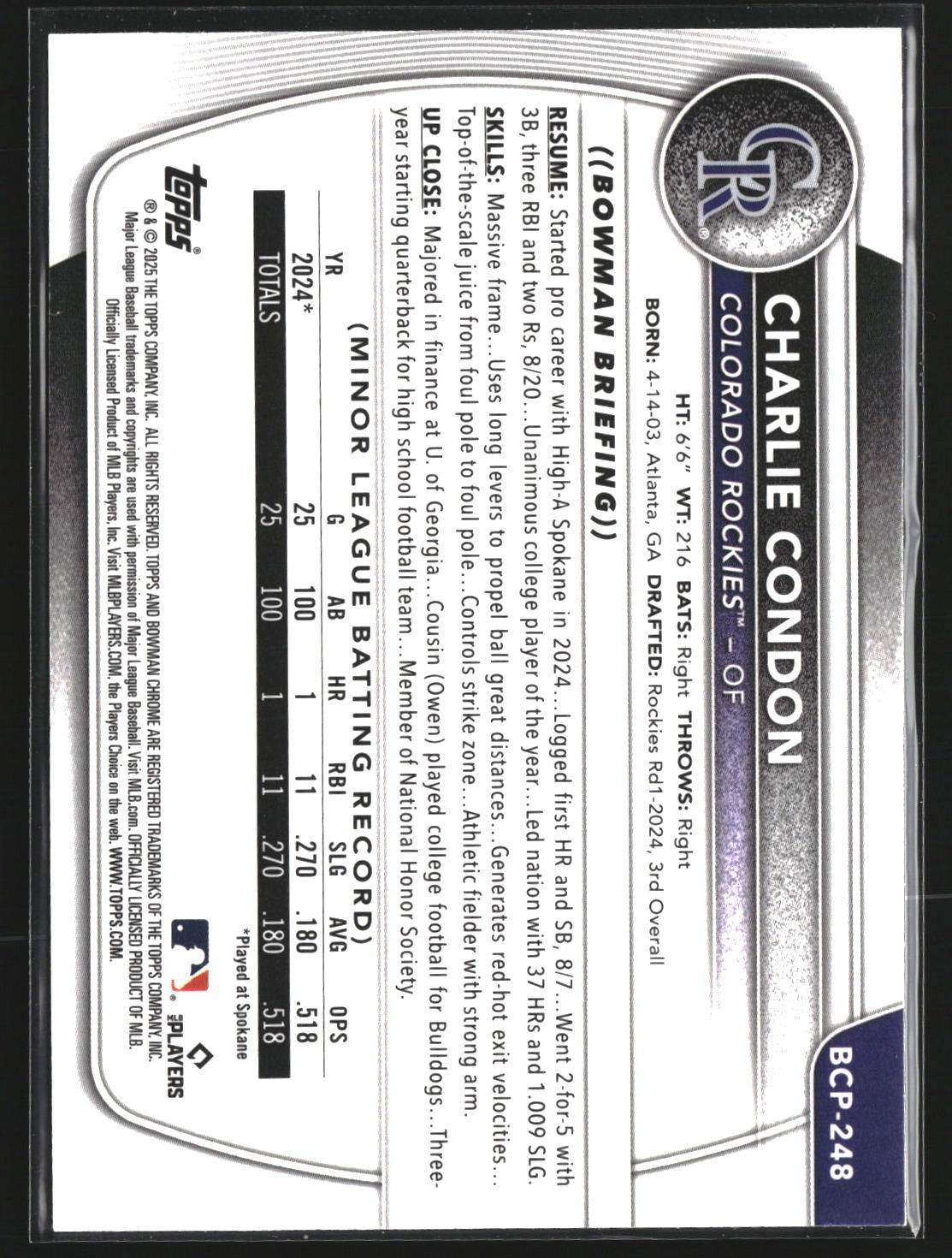 Charlie Condon 2025 Bowman Chrome BCP-248 Prospects Mojo Colorado Rockies