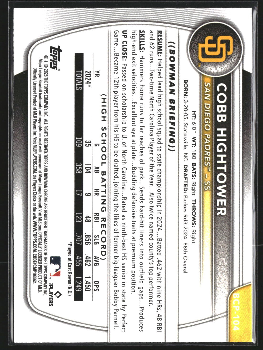 Cobb Hightower 2025 Bowman BCP-104 Chrome Prospects Mojo Refractor Padres