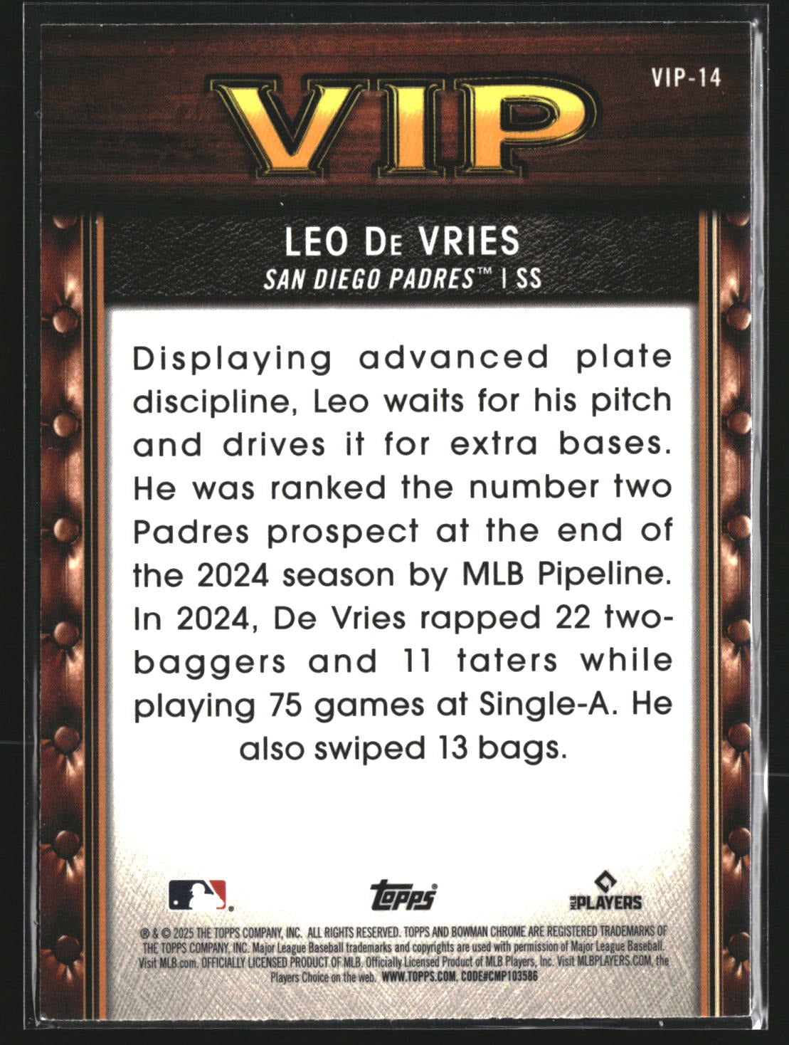Leo De Vries 2025 Bowman VIP-14 Very Important Prospects Mojo Refractor Padres
