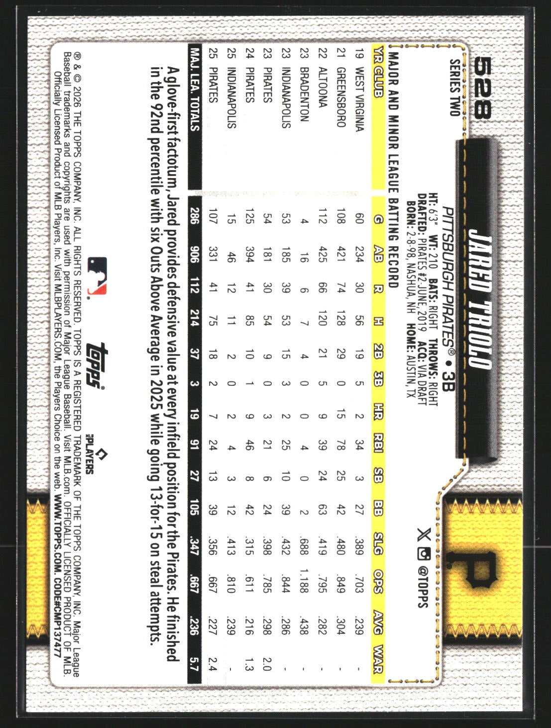 Jared Triolo 2026 Topps 528 Holo Foil Pittsburgh Pirates