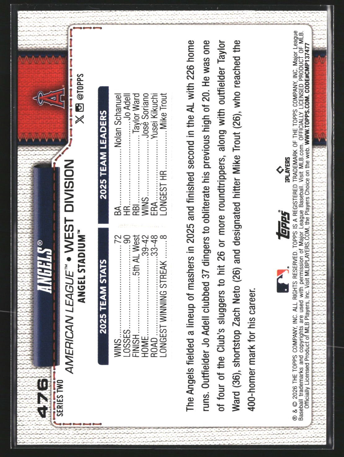 Angels 2026 Topps 476 Holo Foil Los Angeles Angels