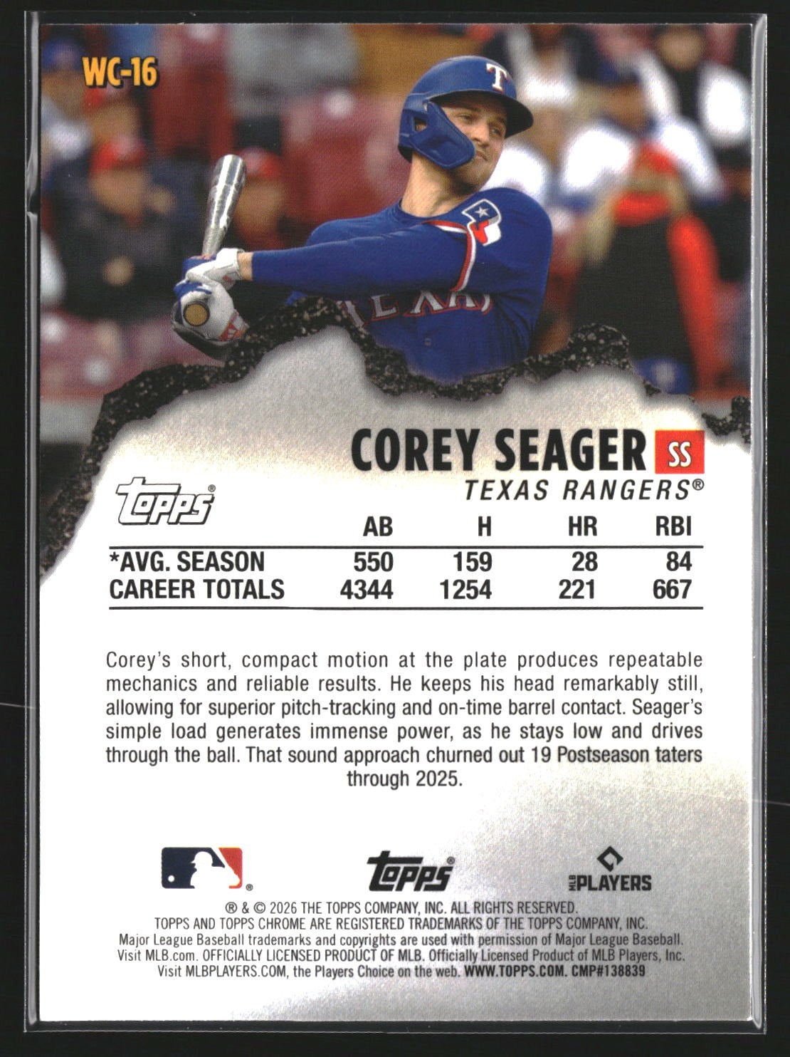 Corey Seager 2026 Topps Chrome WC-16 Wrecking Crew Texas Rangers