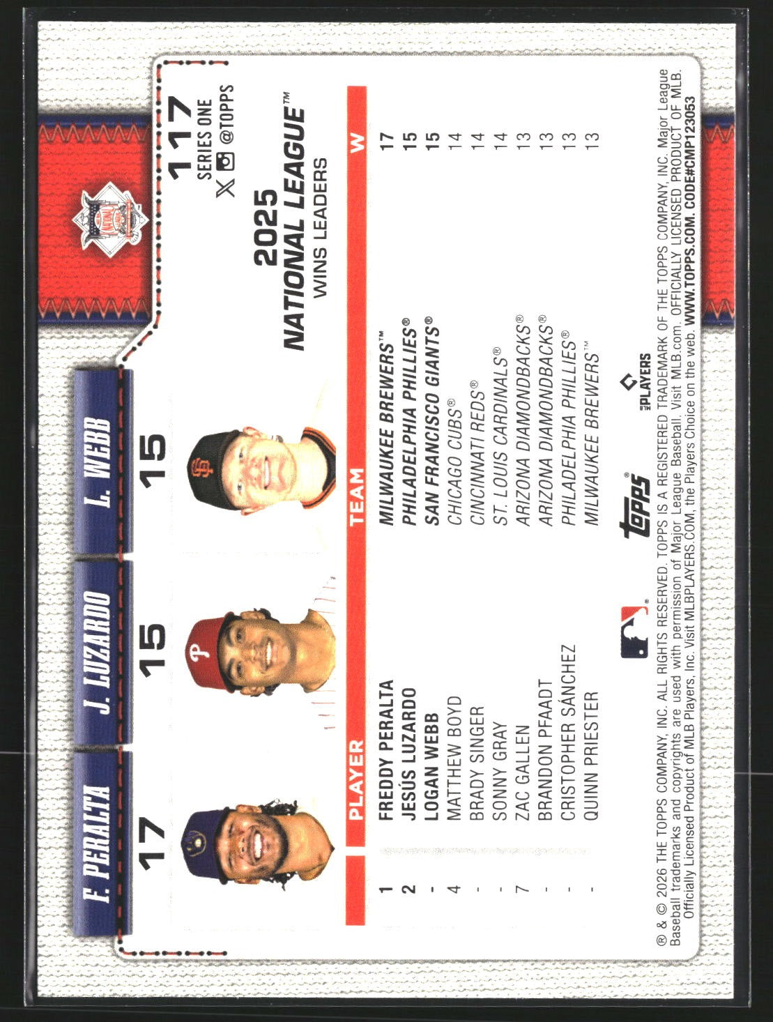 National League Leaders Wins (Freddy Peralta /Webb) 2026 Topps 117 Holo Foil