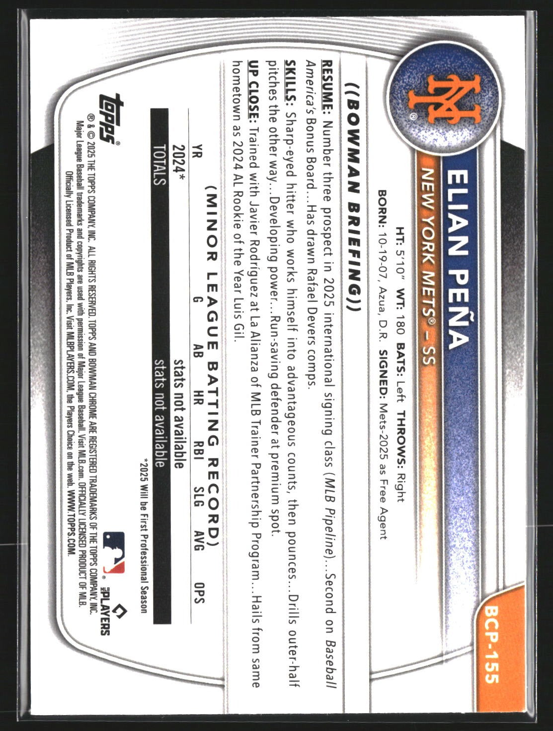 Elian Peña 2025 Bowman Chrome BCP-155 Prospects Mojo New York Mets
