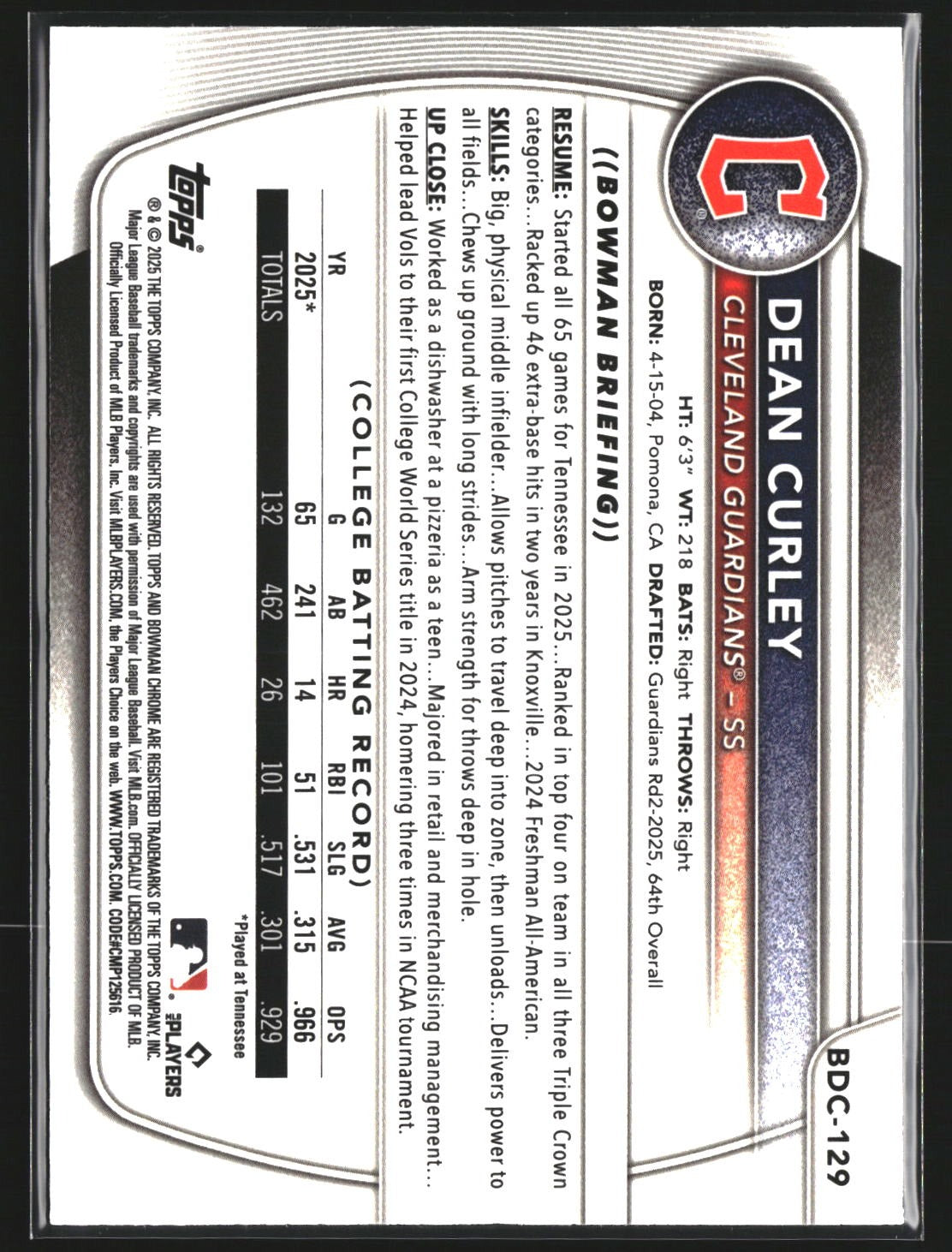 Dean Curley 2025 Bowman Draft BDC-129 Chrome Mojo Refractor Cleveland Guardians