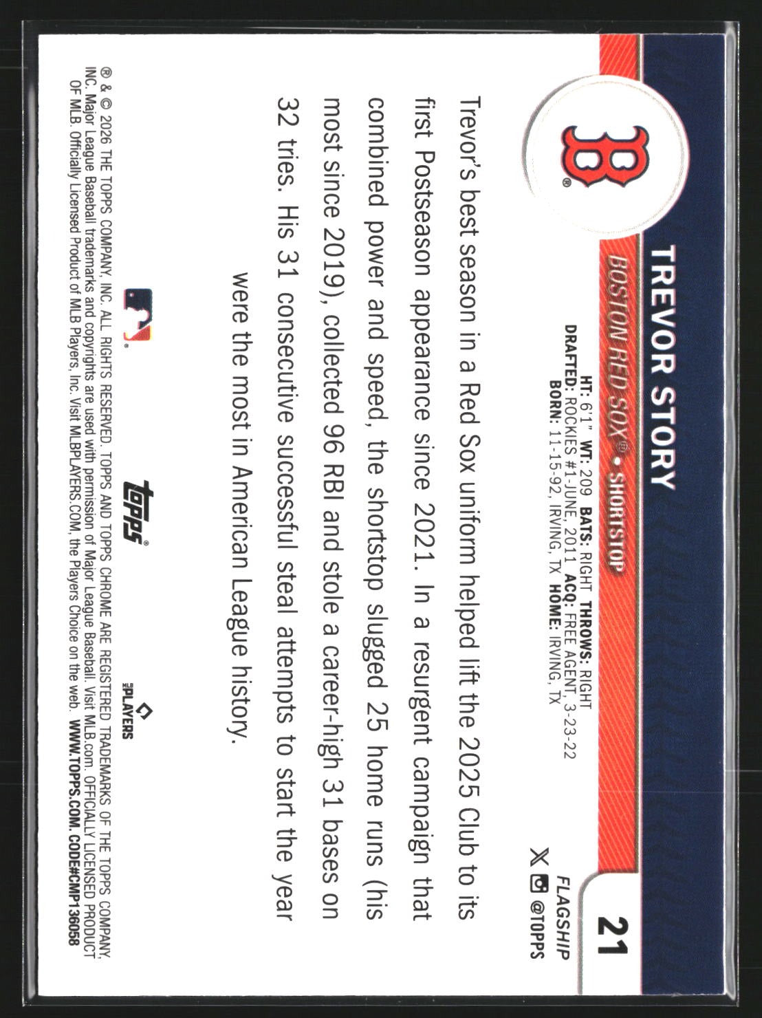 Trevor Story 2026 Topps 21 Flagship Collection Chrome Boston Red Sox