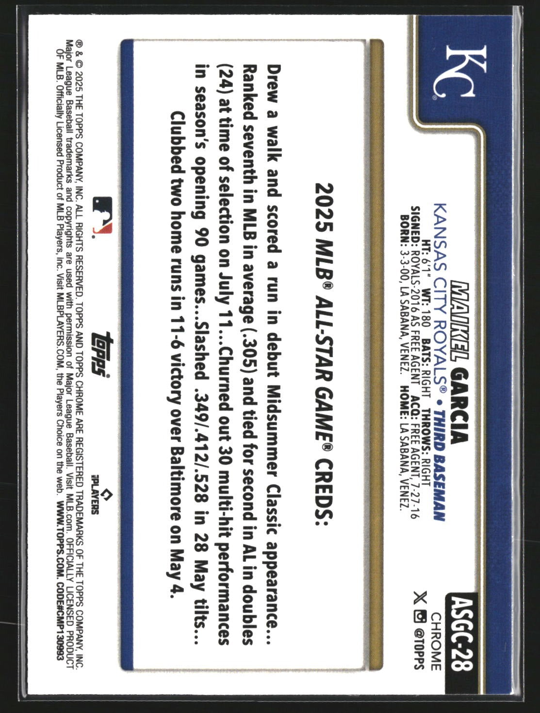 Maikel Garcia 2025 Topps Chrome Update ASGC-28 2025 All-Star Game Royals