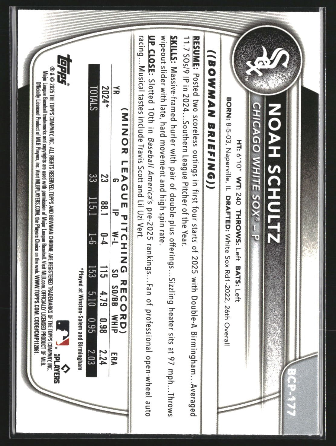 Noah Schultz 2025 Bowman Chrome BCP-177 Prospects Laser Chicago White Sox