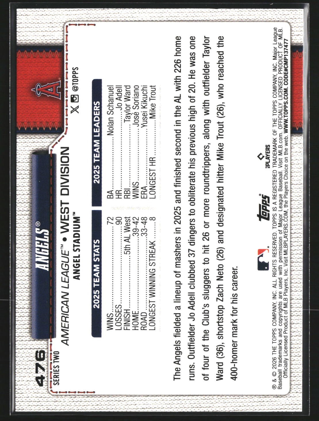 Angels 2026 Topps 476 Holo Foil Los Angeles Angels