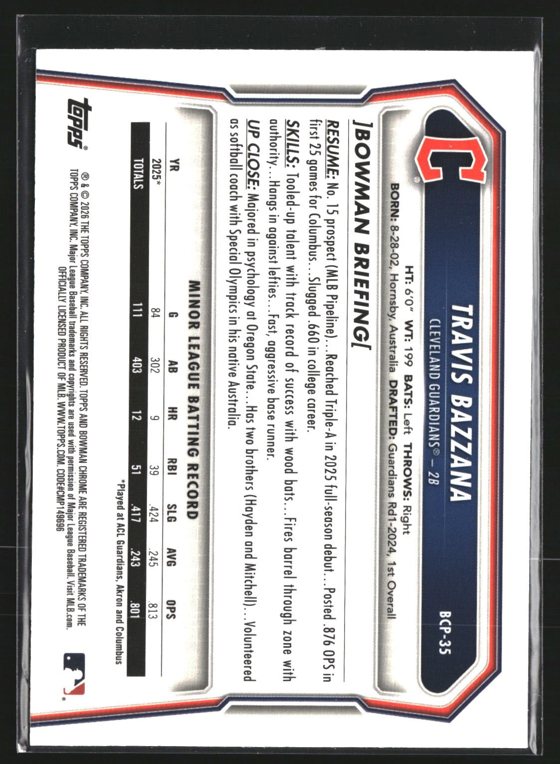 Travis Bazzana 2026 Bowman BCP-35 Chrome Prospects Mojo Refractor Guardians